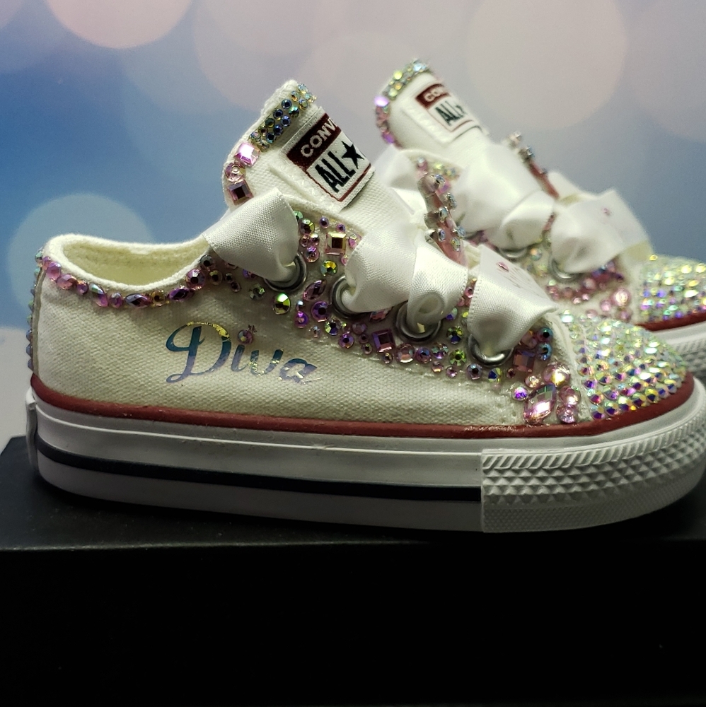 Converse white baby 4C Diva bling shoes
